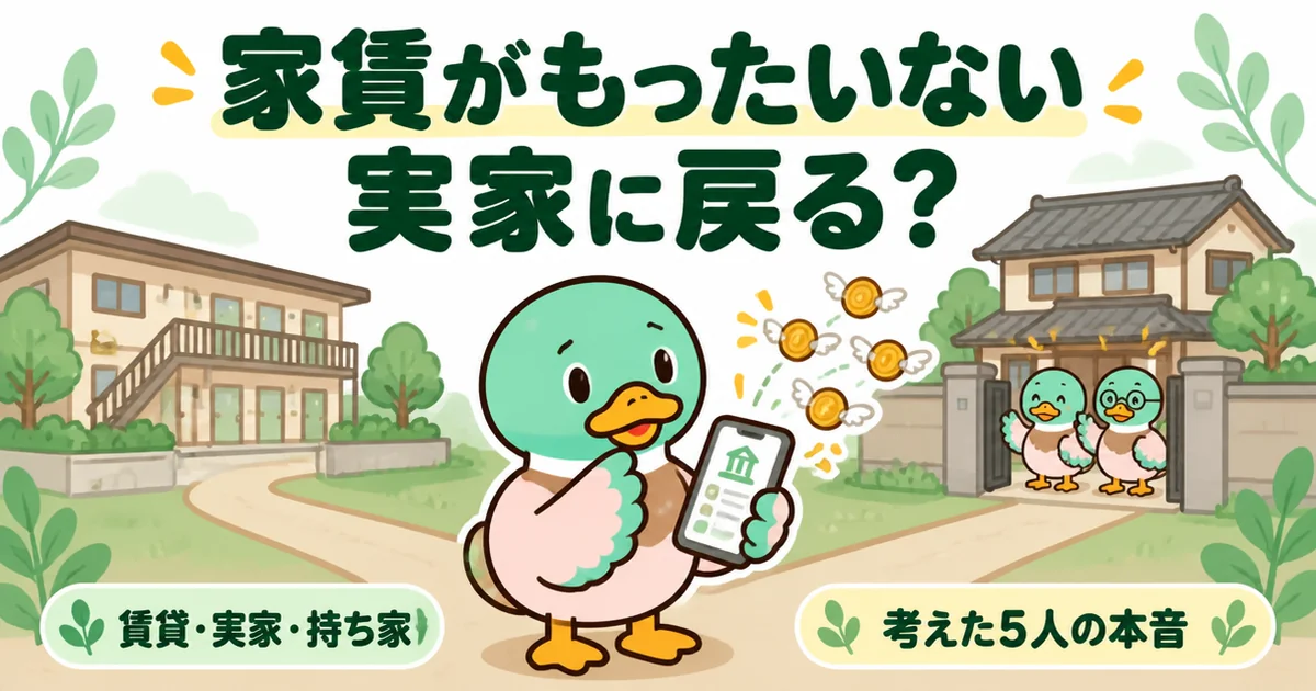 家賃がもったいないから実家に戻るかを、引き落とし画面を見ながらアパートと実家の分かれ道で考えるあいみつのイラスト。
