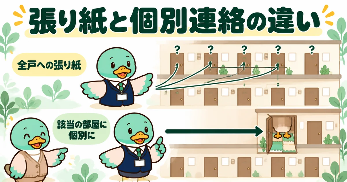 アパートの上階がうるさい時、全戸への張り紙と該当の部屋への個別連絡で伝わり方が違うことを2本の矢印で比べた図解。