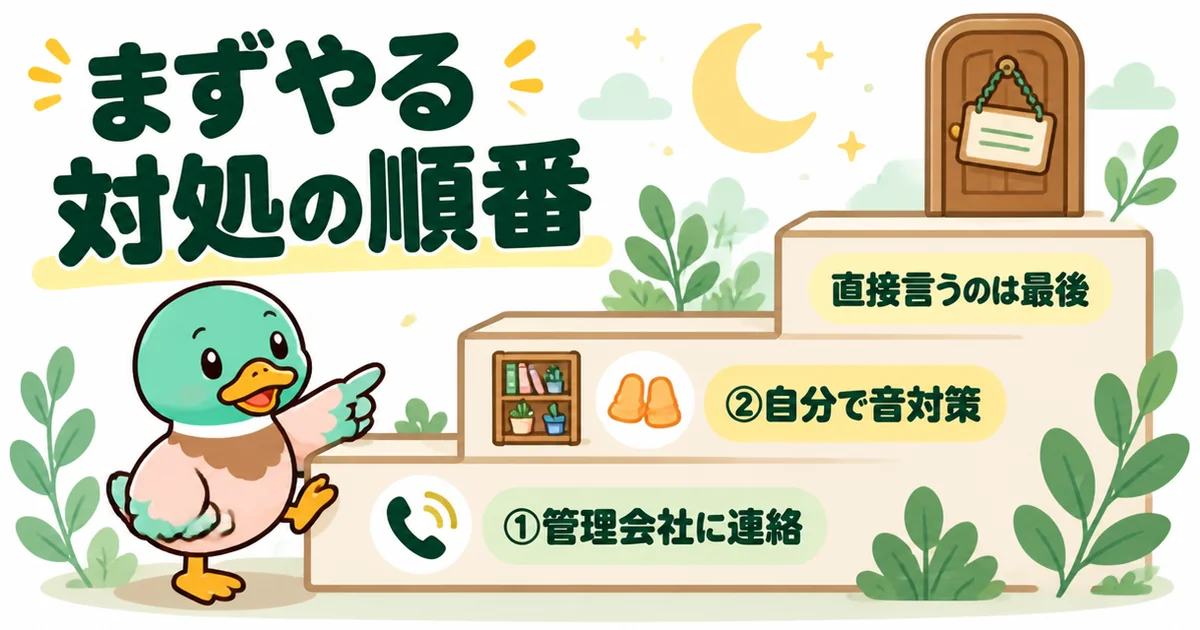 隣がうるさい時の対処の順番を、管理会社に連絡・自分で音対策・直接言うのは最後という3段の階段で示すあいみつの図解。