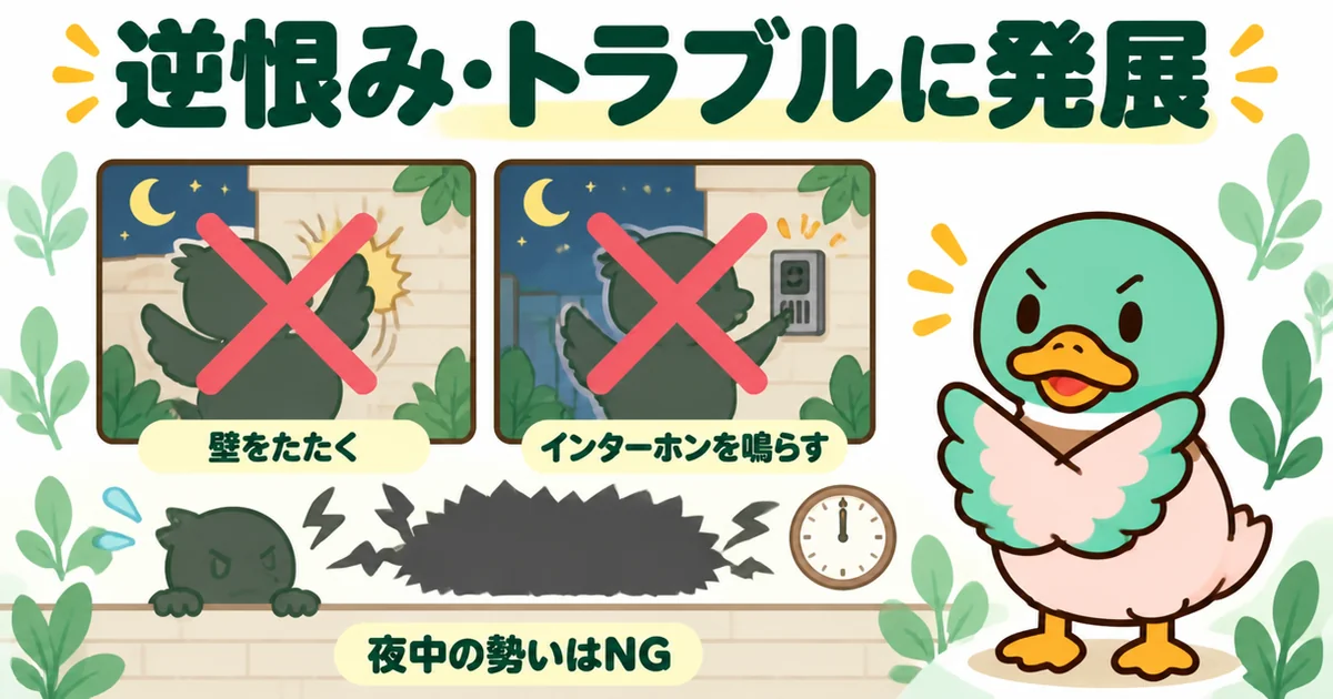 アパートの隣がうるさい時に、夜中の勢いで壁をたたいたりインターホンを鳴らしたりするとトラブルに発展することを×印で示す図解。