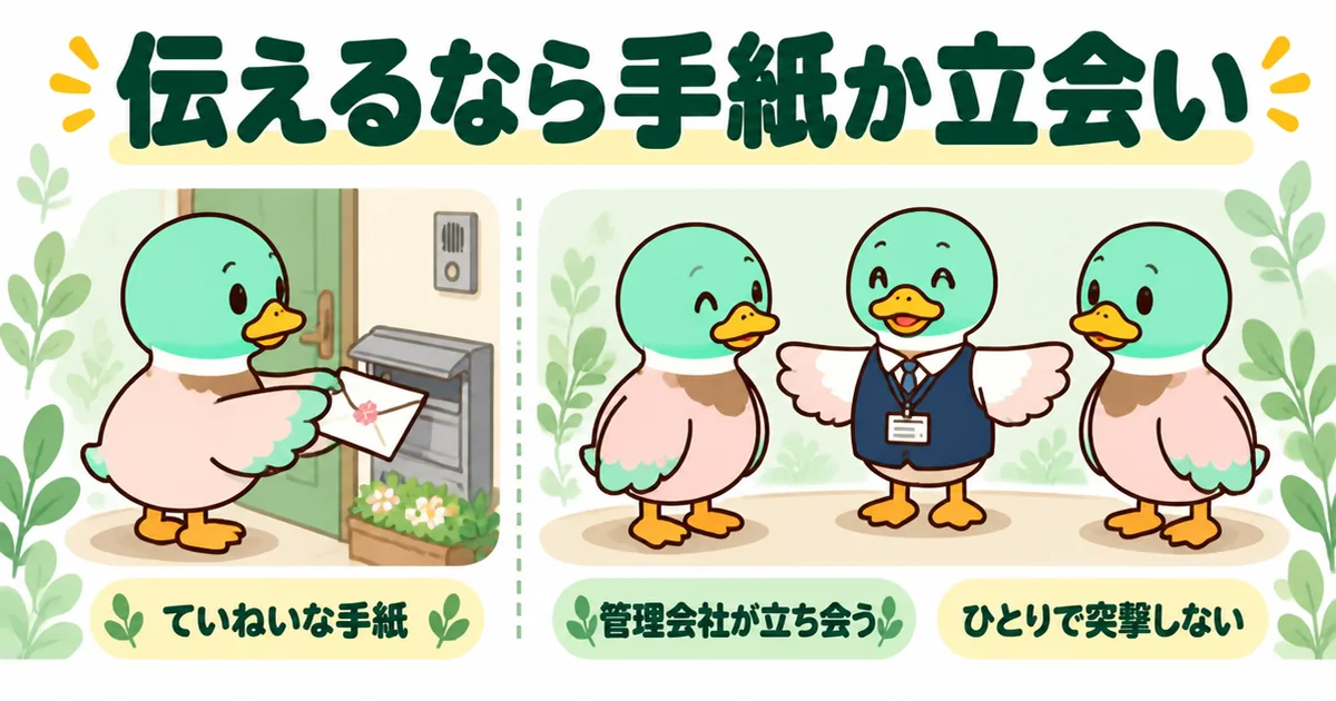隣がうるさいことをどうしても伝える時の対処として、ていねいな手紙と管理会社の立会いの2つを左右で並べたイラスト。