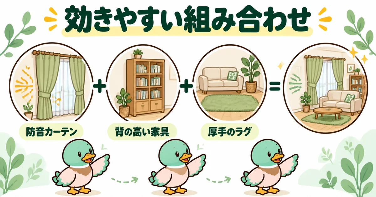 隣がうるさい時の対処で現実的に効きやすい、防音カーテン・背の高い家具・厚手のラグの組み合わせを足し算で示す図解。