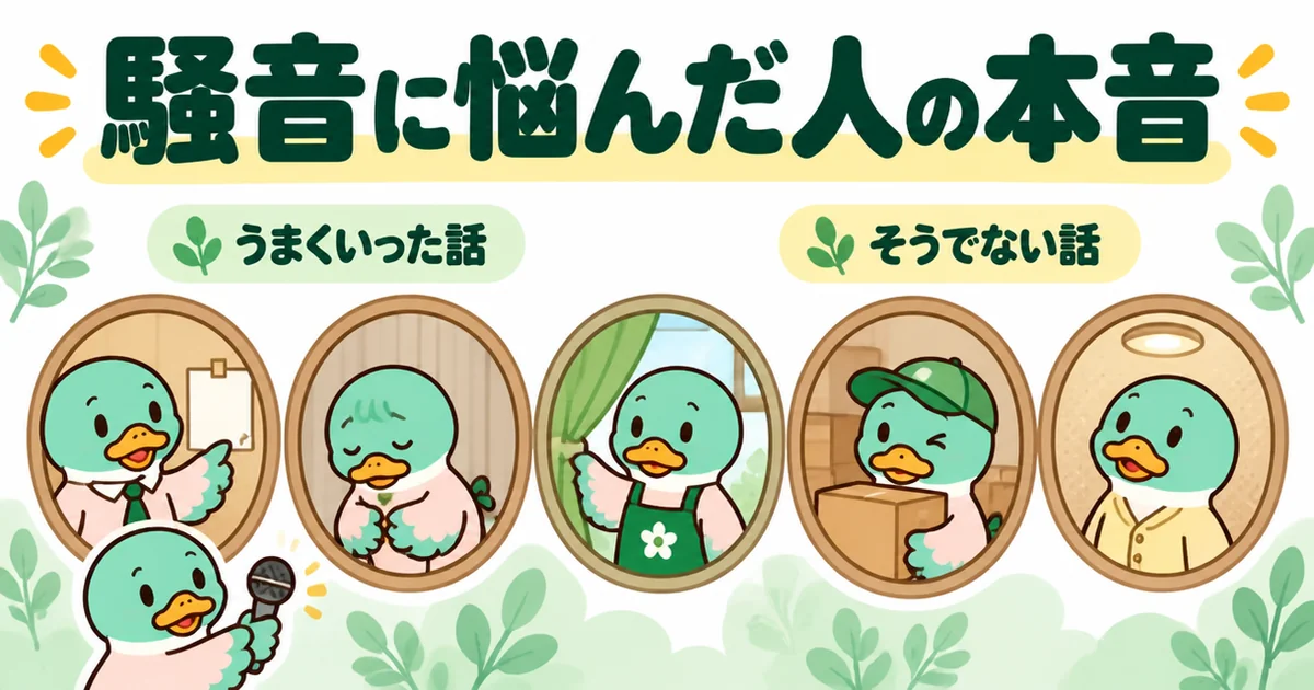 アパートで隣がうるさい悩みと向き合った5人の本音を、5つの丸窓から顔を出す5羽のカモで紹介するイラスト。
