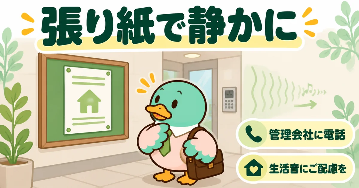 アパートの隣がうるさい悩みが、管理会社の張り紙で静かになった山下さんがエントランスの掲示板を見上げる場面。