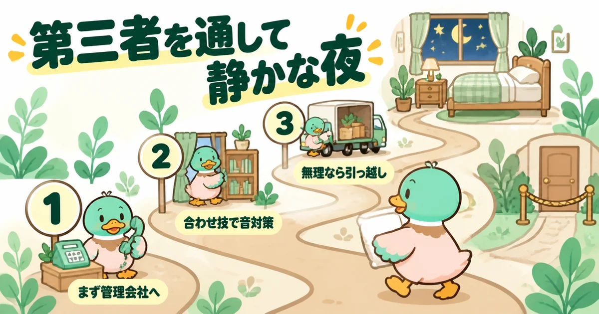 アパートで隣がうるさい時の対処を、管理会社へ相談・合わせ技の音対策・無理なら引っ越しの順に道で振り返るあいみつのまとめ図解。
