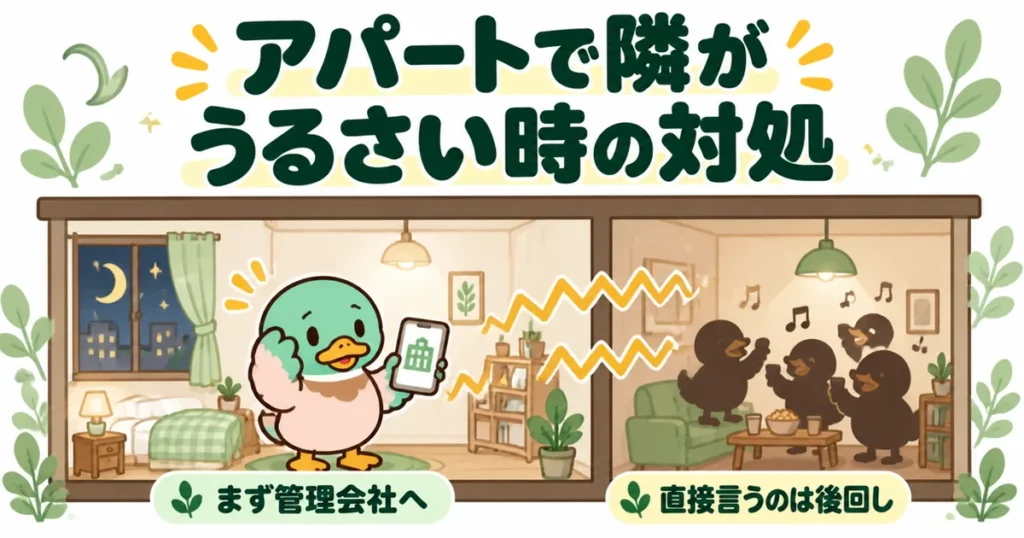 アパートで隣がうるさい時の対処として、壁ごしの声に困ったあいみつがまず管理会社へ電話しようとしている断面イラスト。
