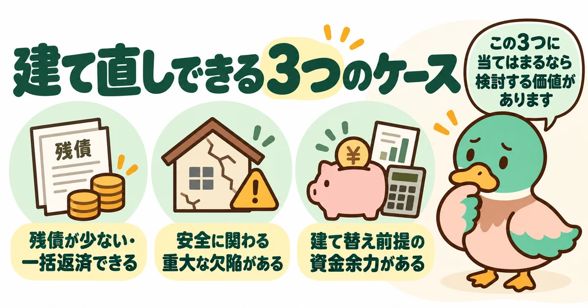 建て直しを検討できる三つのケースを比較するあいみつ。