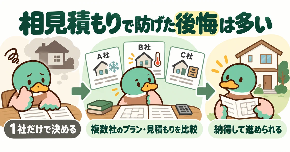 複数社の見積もりを同じ条件で比較するあいみつ。