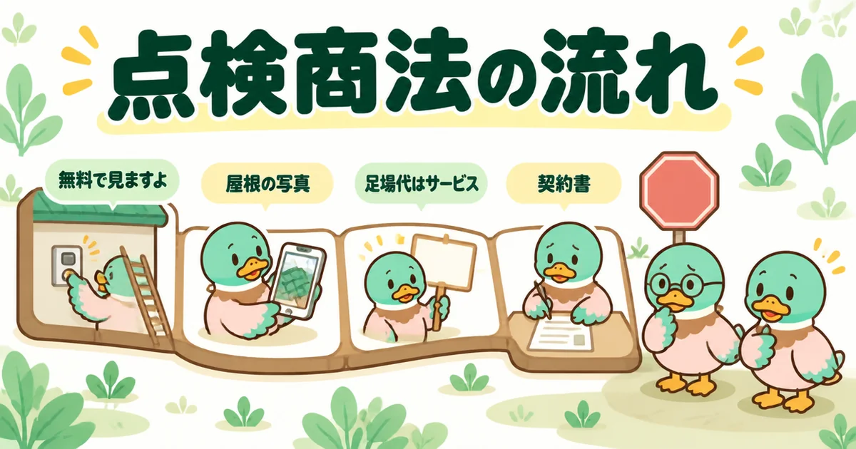 無料点検から屋根の写真、足場代サービス、契約書へと進む点検商法の流れをすごろくにした、悪徳業者を見抜く図解。