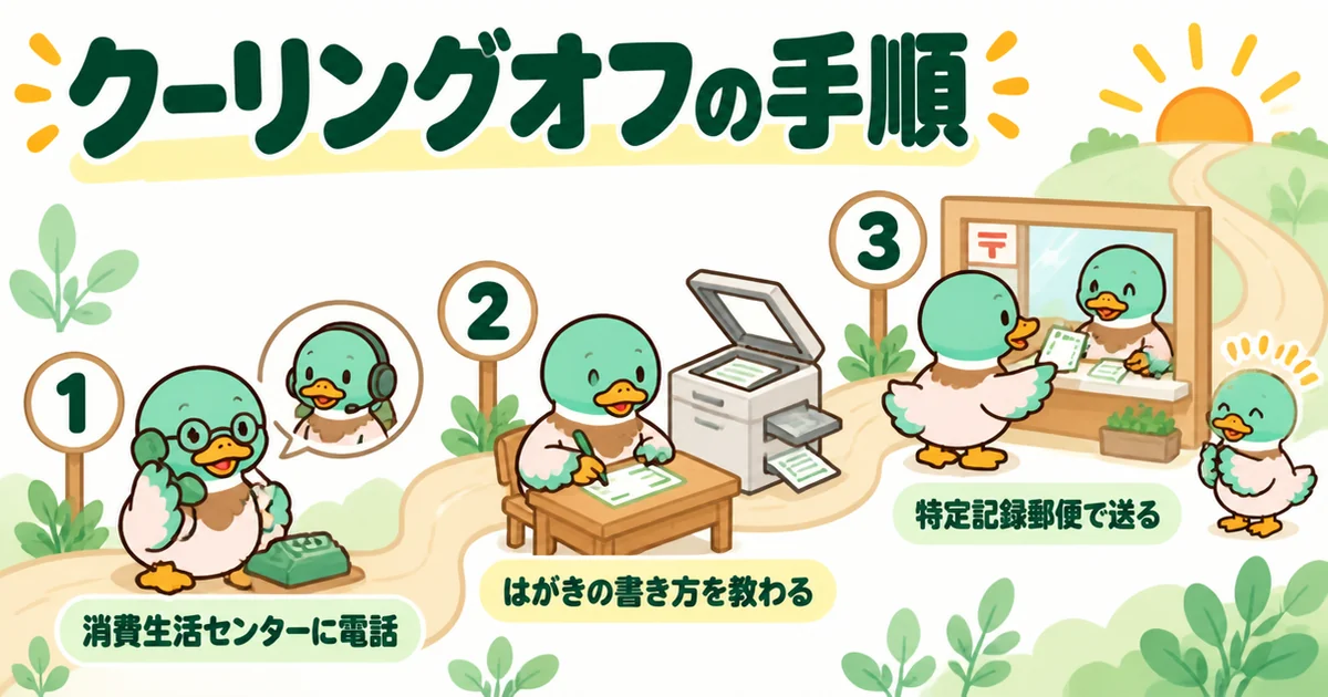 消費生活センターに電話し、はがきの書き方を教わり、特定記録郵便で送るクーリングオフの手順を道で示した、悪徳業者を見抜く図解。
