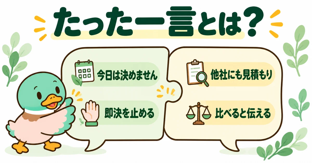 悪徳業者を見抜くたった一言を、即決を止める前半と比べると伝える後半の2つのパズルピースで示した図。