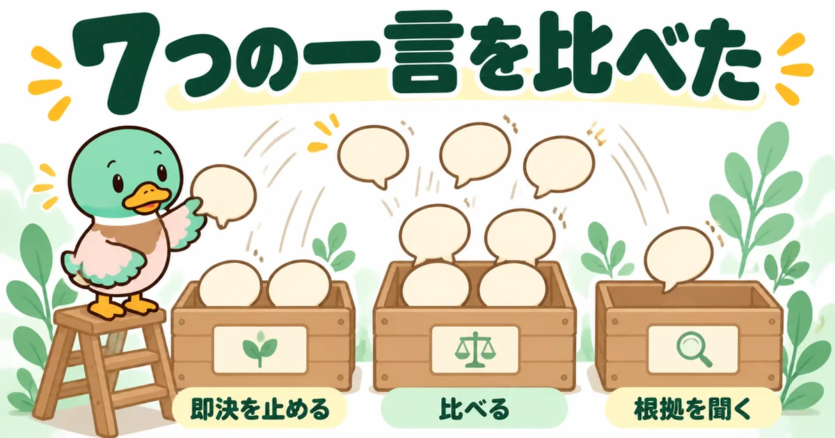 ネットで紹介される悪徳業者を見抜くたった一言7つを、即決を止める・比べる・根拠を聞くの3つの箱に仕分けた図。