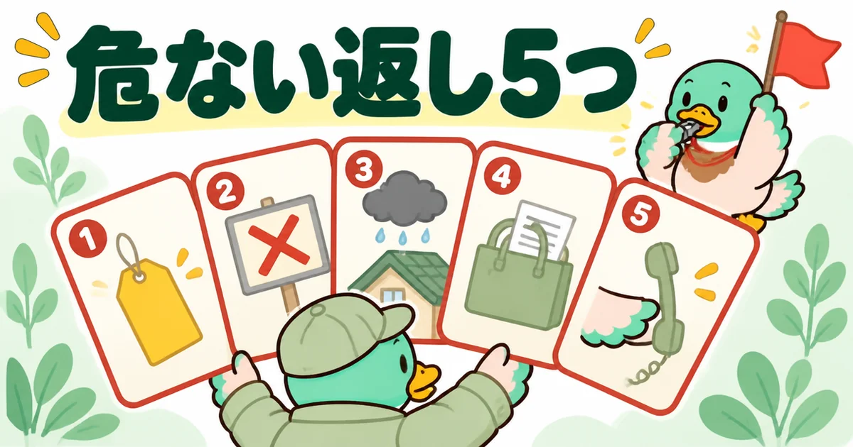 たった一言を言ったあとに出たら契約しない危ない返し5つを、5枚の警告カードとあいみつの赤い旗で示した図。