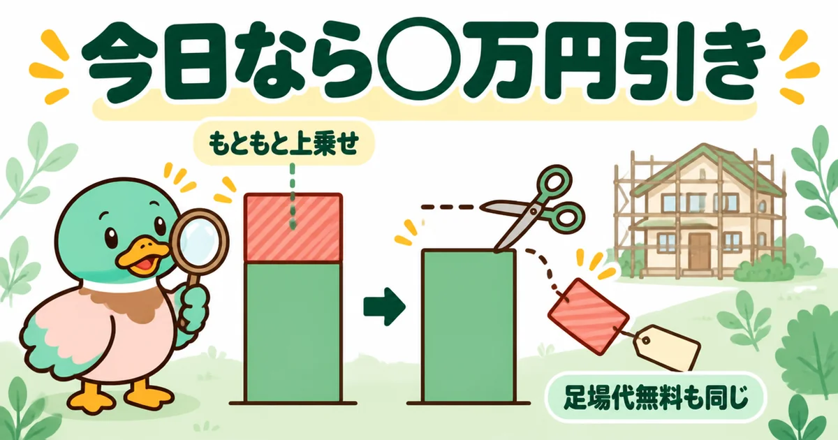 今日だけの大きな値引きは、もともと上乗せされていた分だと積み上げ棒であいみつが示す、悪徳業者を見抜く図。