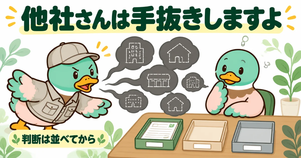 比べると伝えたとたん他社の悪口を始める業者と、見積書を並べてから判断すると構えるあいみつの、たった一言のあとの場面。