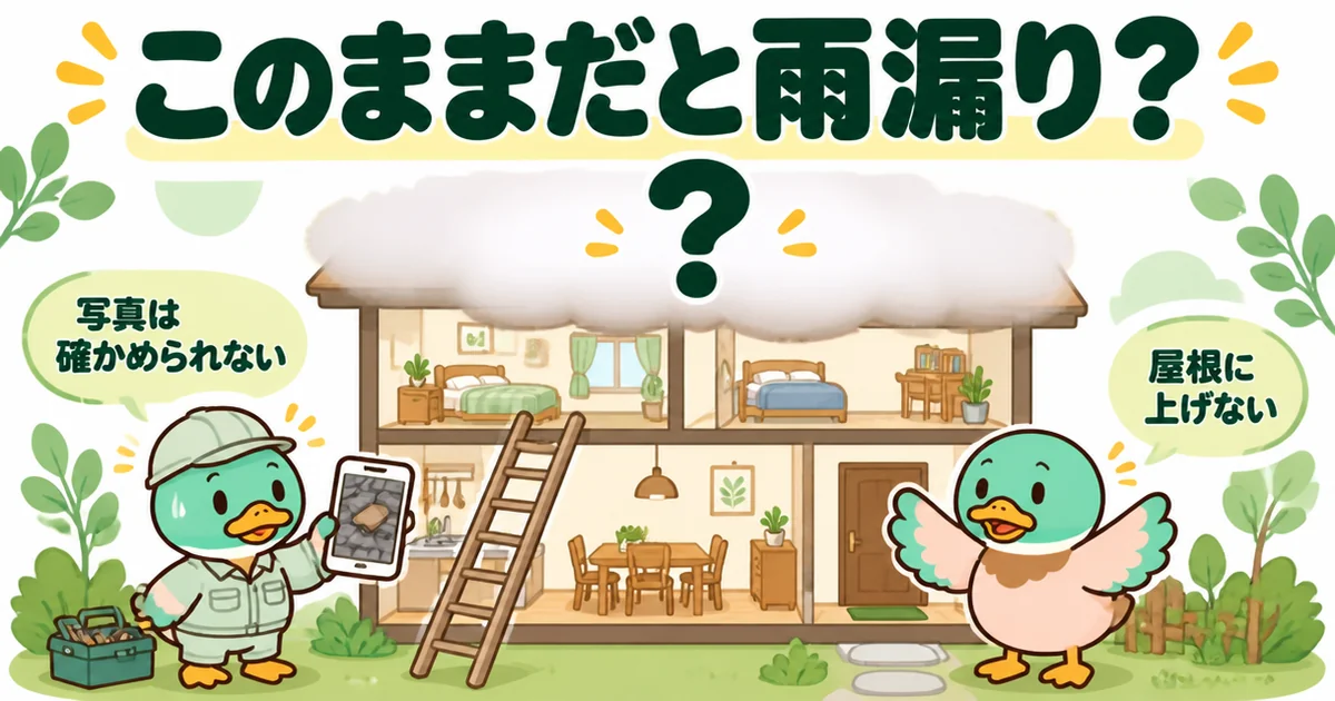 住む人から見えない屋根の写真を見せて不安にさせる業者と、屋根に上げないあいみつを家の断面で描いた、悪徳業者を見抜く図。