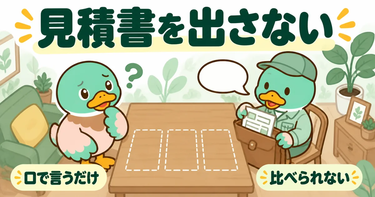 金額を口で言うだけで見積書を置いていかない業者と、比べる書面がなく空の机を見るあいみつの、たった一言のあとの場面。
