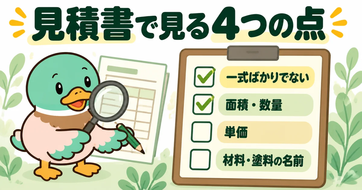 悪徳業者を見抜くために見積書で確かめる4つの点を、あいみつがチェック表で一つずつ確認している図。
