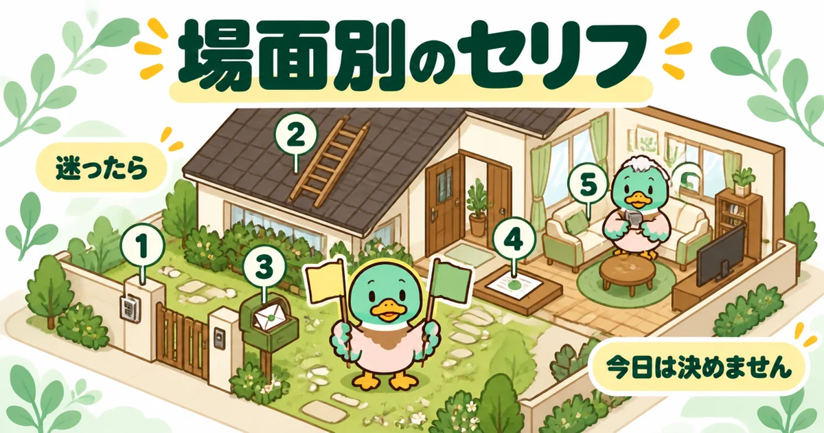 インターホン・屋根・火災保険・契約書・親の5つの場面を家の見取り図に並べた、悪徳業者を見抜くたった一言のセリフ集の図。