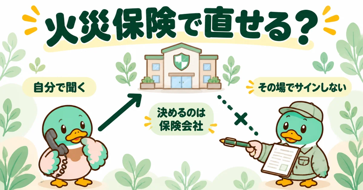 火災保険が使えるかは保険会社が決めるので自分で聞く、という関係を三角の図であいみつが示す、悪徳業者を見抜く図。