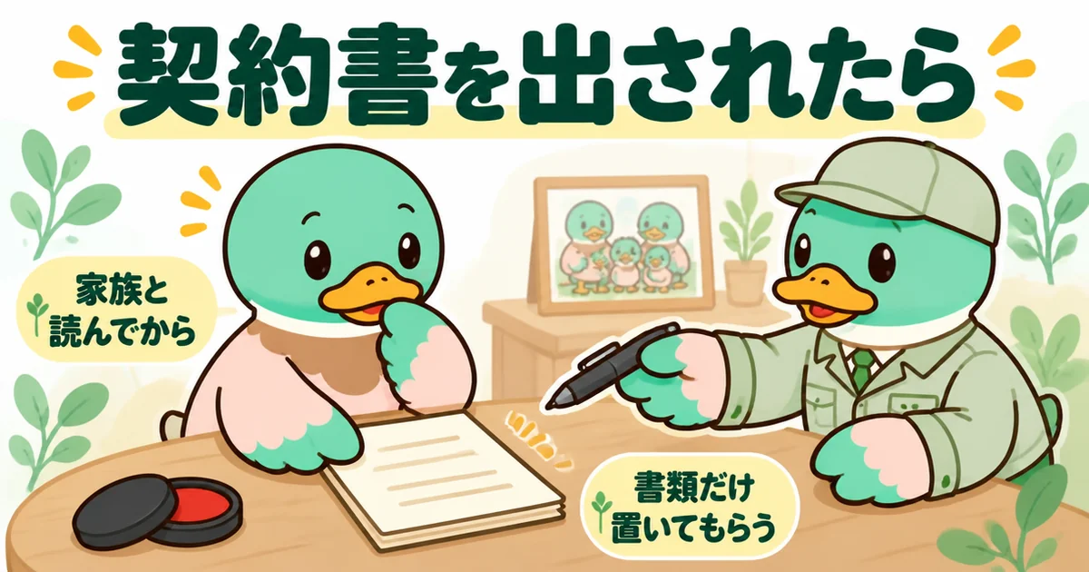 その場で出された契約書にサインせず、家族と読んでから決めると書類だけ受け取るあいみつの手元を描いた、たった一言の場面。