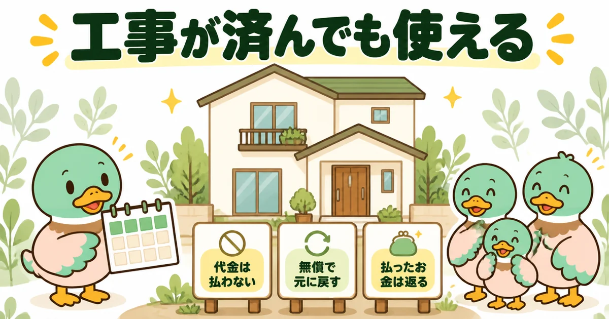 工事が終わった家の前で、8日以内なら代金を払わず元に戻してもらえるとあいみつが3つの札で示す、悪徳業者を見抜く記事の図。