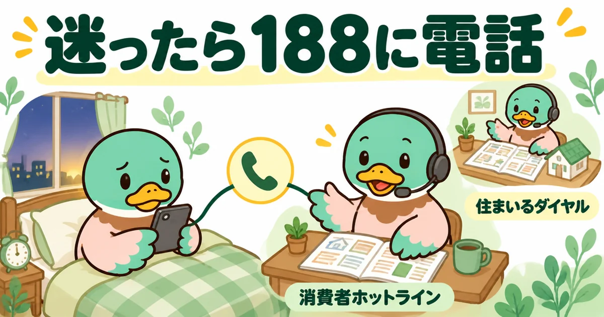 判子を押して眠れない夜に、消費者ホットライン188へ電話して相談員につながるあいみつを描いた、悪徳業者を見抜く記事の図。