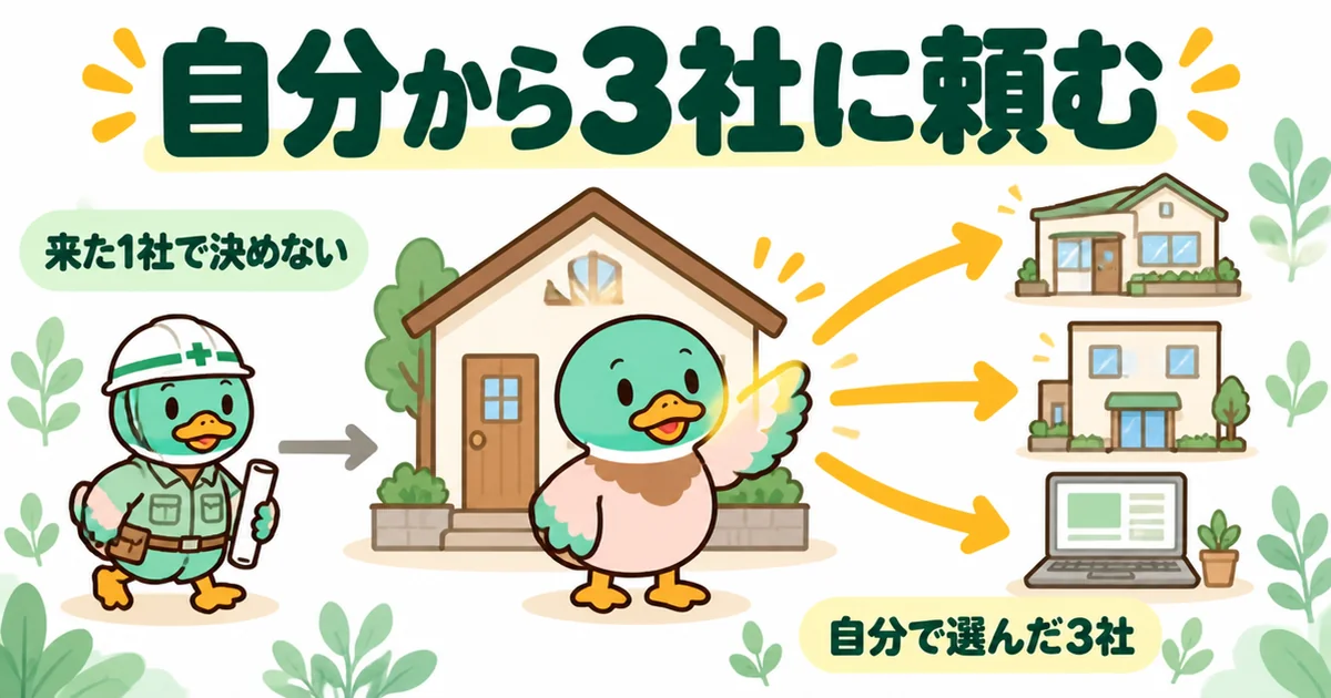 向こうから来た1社ではなく、自分で選んだ3社に見積もりを頼む矢印の向きの違いを示した、悪徳業者を見抜く方法の図。