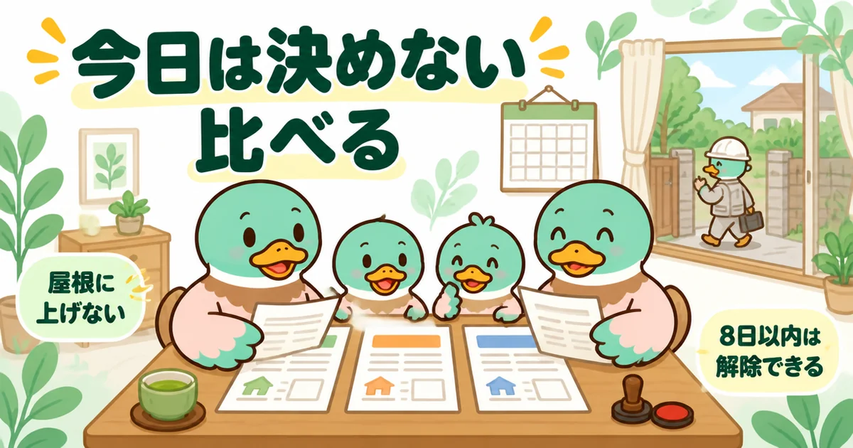 悪徳業者を見抜くたった一言のまとめとして、今日は決めずに3通の見積書を家族と比べるあいみつを描いたイラスト。