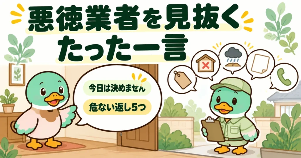 悪徳業者を見抜くたった一言「今日は決めません」を玄関であいみつが伝え、業者の危ない返し5つが吹き出しで並ぶイラスト。