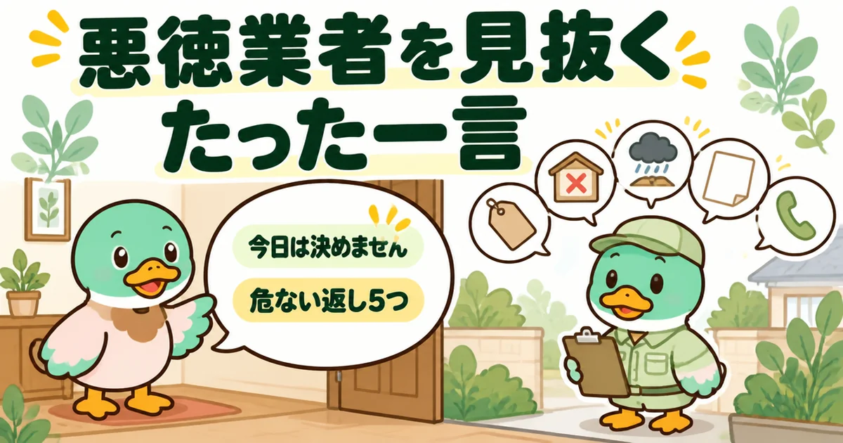 悪徳業者を見抜くたった一言「今日は決めません」を玄関であいみつが伝え、業者の危ない返し5つが吹き出しで並ぶイラスト。