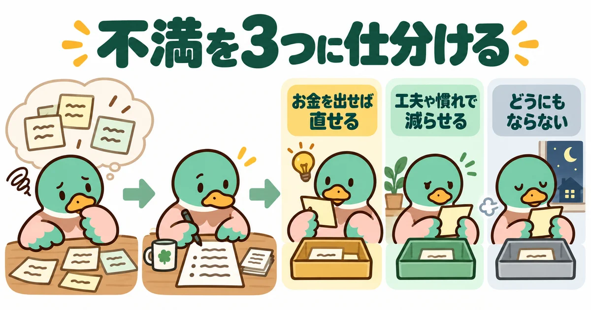 家への不満を三つに仕分けるあいみつ。