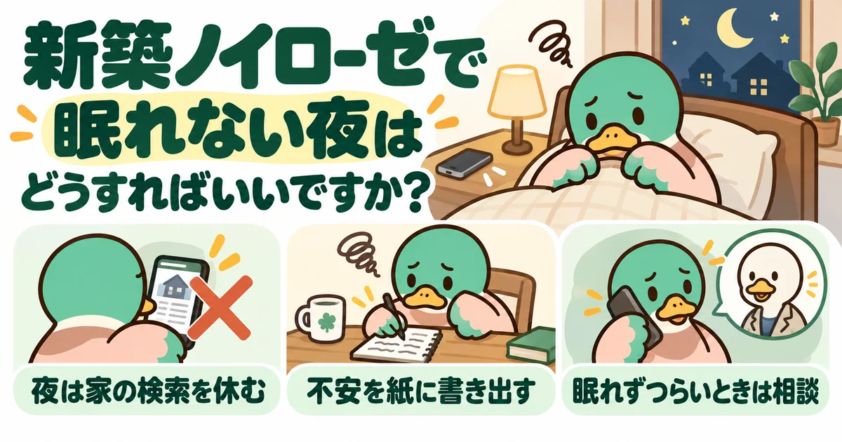 新築の後悔で眠れない夜に休息と相談を考えるあいみつ。