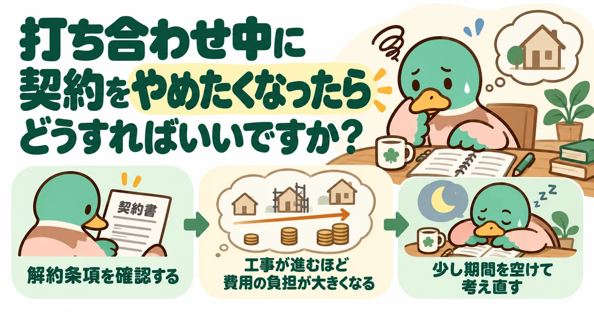 打ち合わせ中の解約について契約条件を確認するあいみつ。