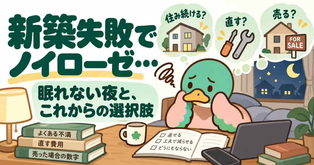 新築の後悔で眠れず悩むあいみつと、家の不満や相談先を整理する図。