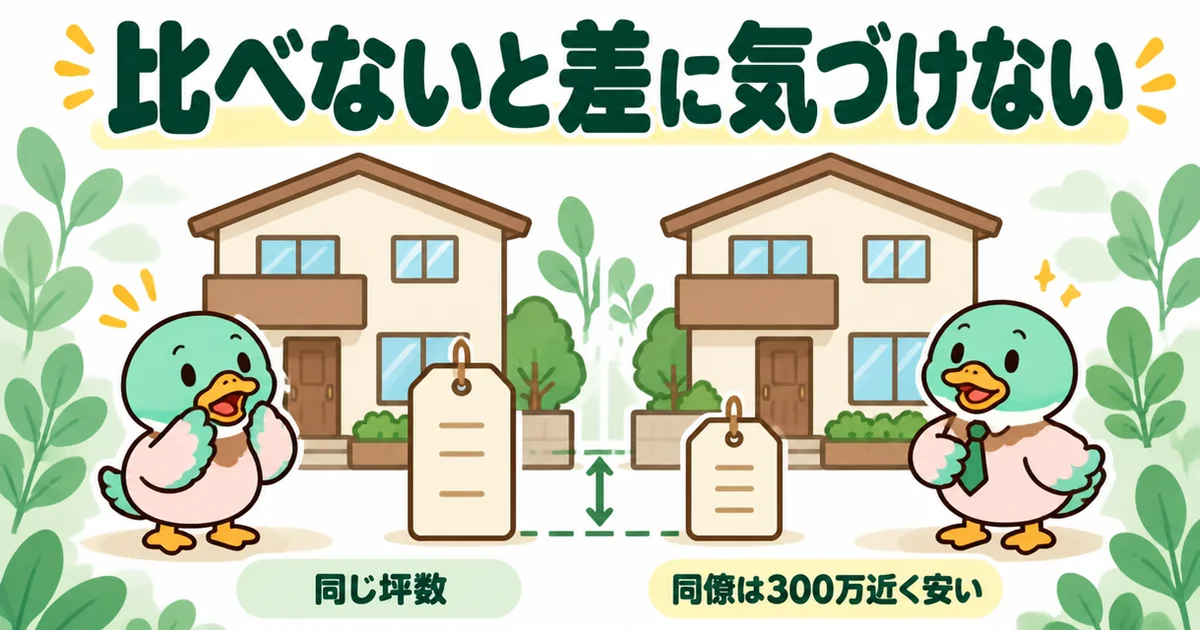 相見積もりをしなかったあいみつの家と、同じ坪数で300万円近く安く建てた同僚の家を値札で比べた図解。タウンライフ家づくりの口コミ記事内の説明図。