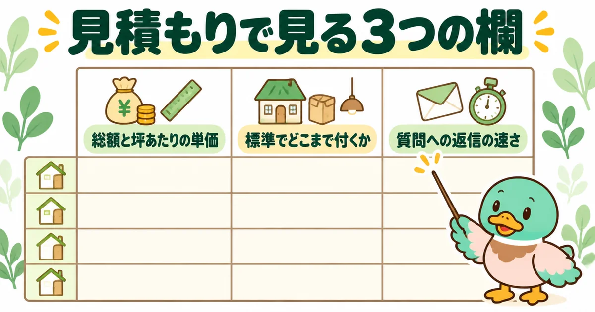 タウンライフ家づくりで届いた見積もりを、総額と坪単価、標準でどこまで付くか、返信の速さの3つの欄で比べる図解。