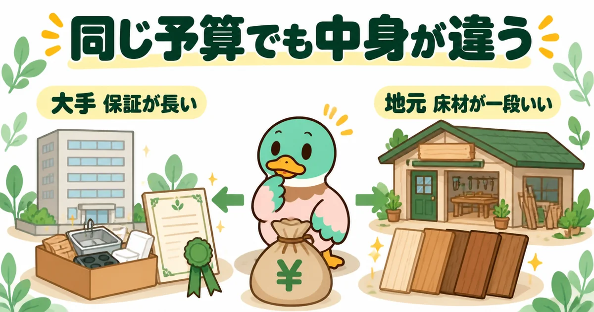 タウンライフ家づくりで同じ予算の提案を並べると、大手は標準と保証、地元工務店は床材と中身が違ったという体験談の図解。