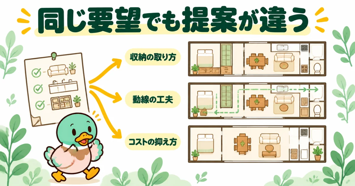 同じ要望でも会社ごとに間取りの提案が違い、各社の提案力を比べられたというタウンライフ家づくりの口コミの図。