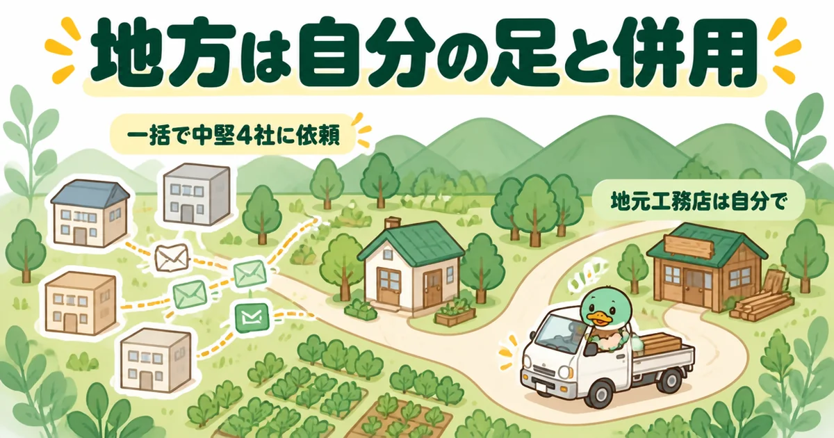 地方でタウンライフ家づくりを使い、一括で中堅4社に依頼しつつ地元工務店は自分で訪ねた48歳の体験談を地図で表した図。