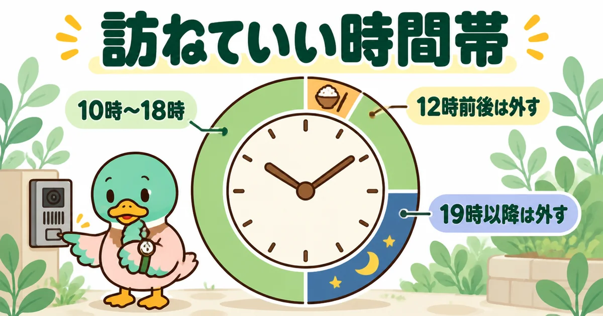 新築のご近所付き合いの挨拶は10時から18時のあいだで、12時前後と19時以降は外すことを時計で示した図解。