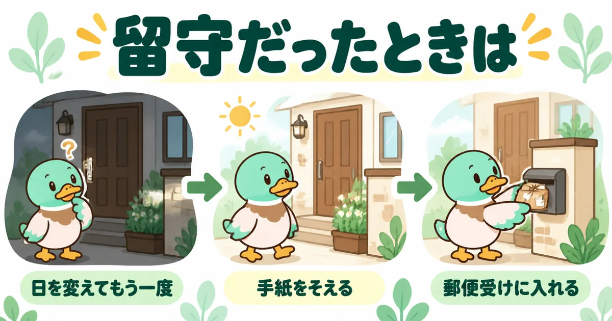 新築のご近所付き合いの挨拶で留守だったとき、日を変えてもう一度訪ね、会えなければ手紙をそえて郵便受けに入れる流れの図解。