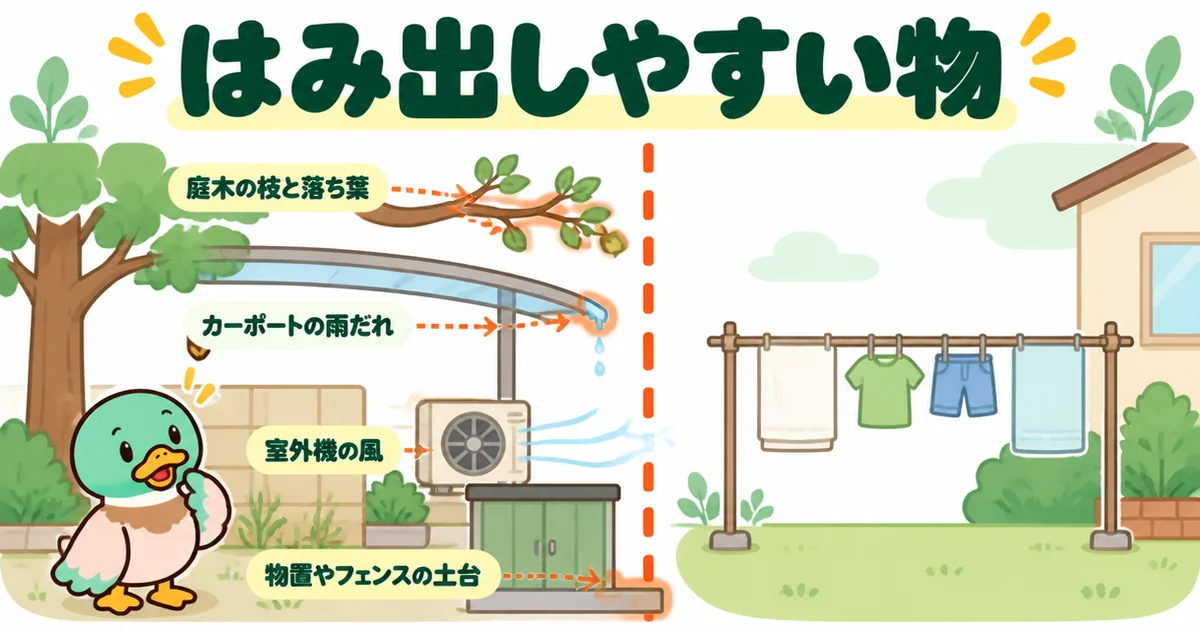 新築のご近所付き合いで隣へはみ出しやすい庭木の枝・カーポートの雨だれ・室外機の風・物置の土台を境界線の断面で示した図解。