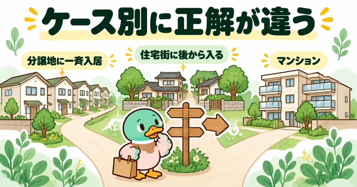 新築のご近所付き合いは分譲地・住宅街・マンションで正解が違うことを3本の分かれ道とあいみつで表した図。