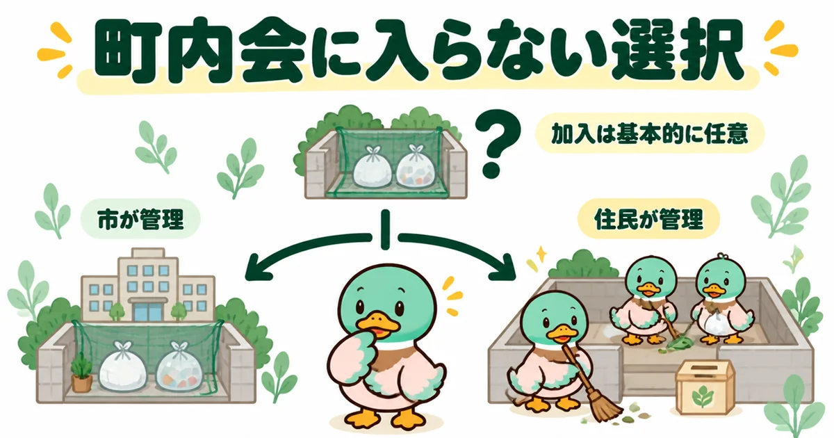 新築のご近所付き合いで町内会に入らない場合、ゴミ置き場を市が管理か住民が管理かで分かれることを示した図。