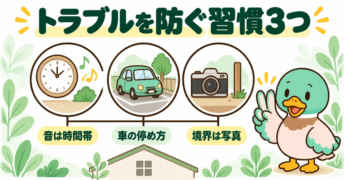 新築のご近所付き合いでトラブルを防ぐ習慣を、音の時間帯・車の停め方・境界の写真の3つの丸で示した図。