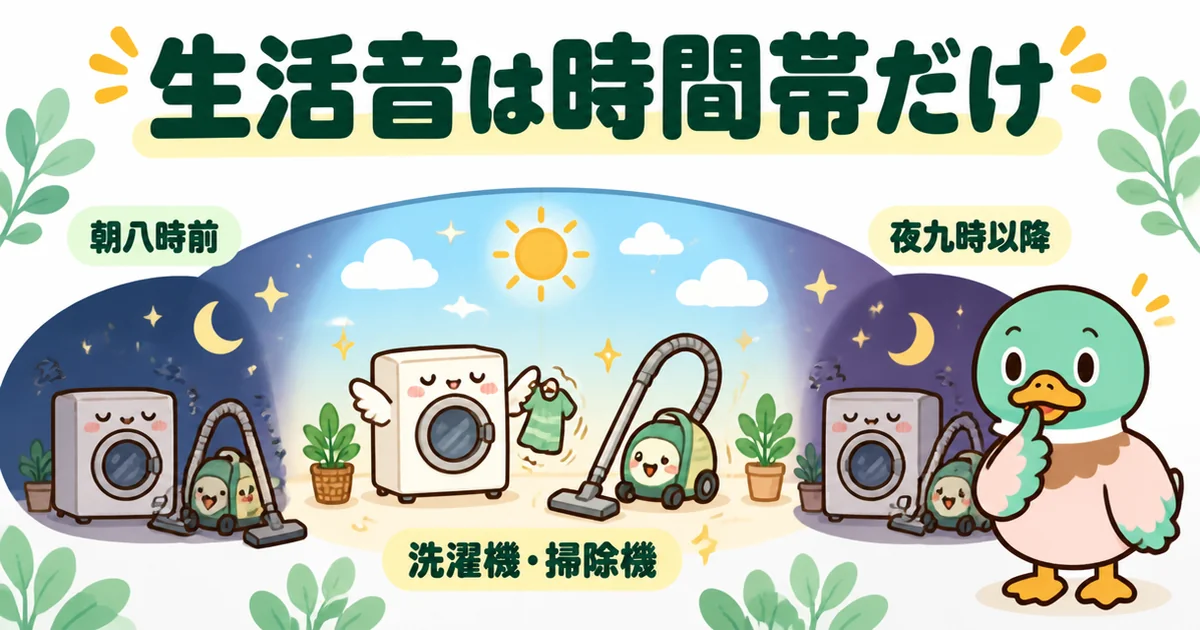 新築のご近所付き合いで生活音は時間帯だけ気をつけ、朝八時前と夜九時以降は洗濯機や掃除機を回さないことを一日の帯で示した図。
