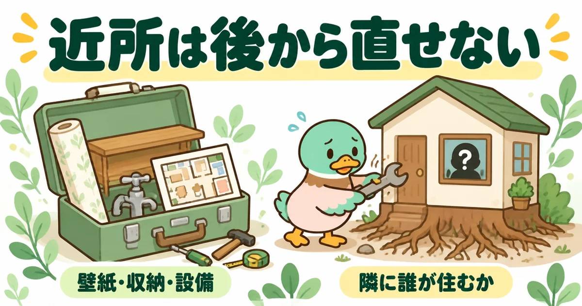 壁紙や収納は後から直せても隣に誰が住むかは直せないことを、工具箱と動かない隣家で表した新築のご近所付き合いの図。