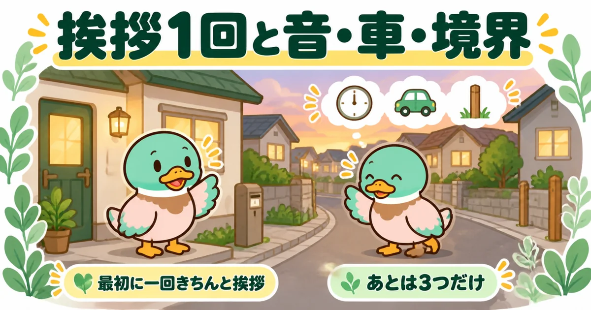 新築のご近所付き合いは最初の挨拶1回と音・車・境界だけ気をつければ足りることを、会釈するあいみつで表したまとめの図。