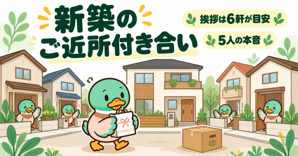 新築のご近所付き合いの最初の挨拶に、手土産の紙袋を持って近所の家へ向かうあいみつのイラスト。